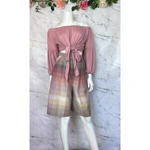 Vintage Pleated Bermuda Knee Length Shorts Pink Tan Plaid Ombre XS 25" Waist